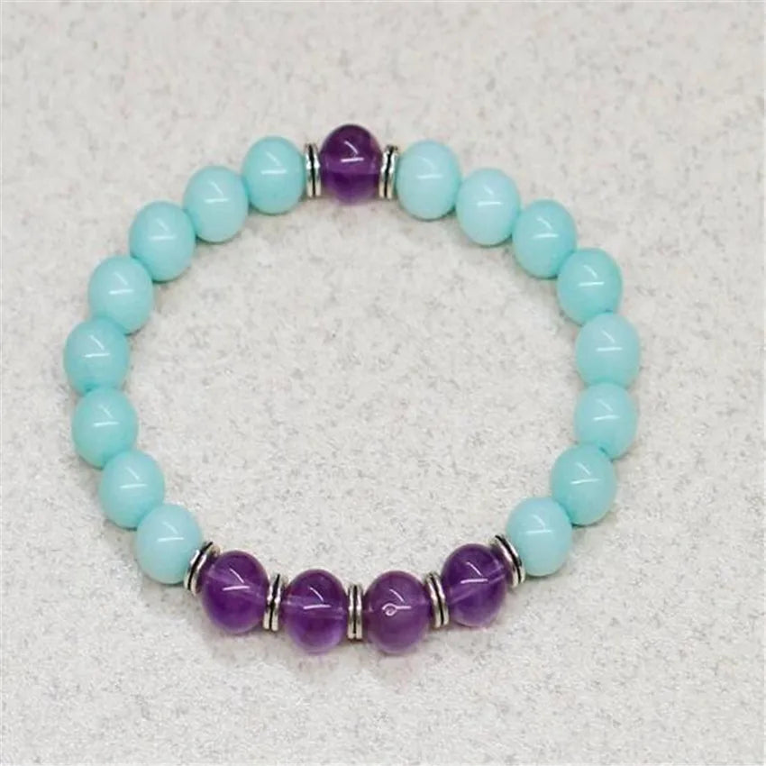 i and i 8Mm Amethyst Blue Chalcedony Bracelet 7.5 Inches Women Eco-Friendly Cuff Bohemian Trendy Unique Prayer