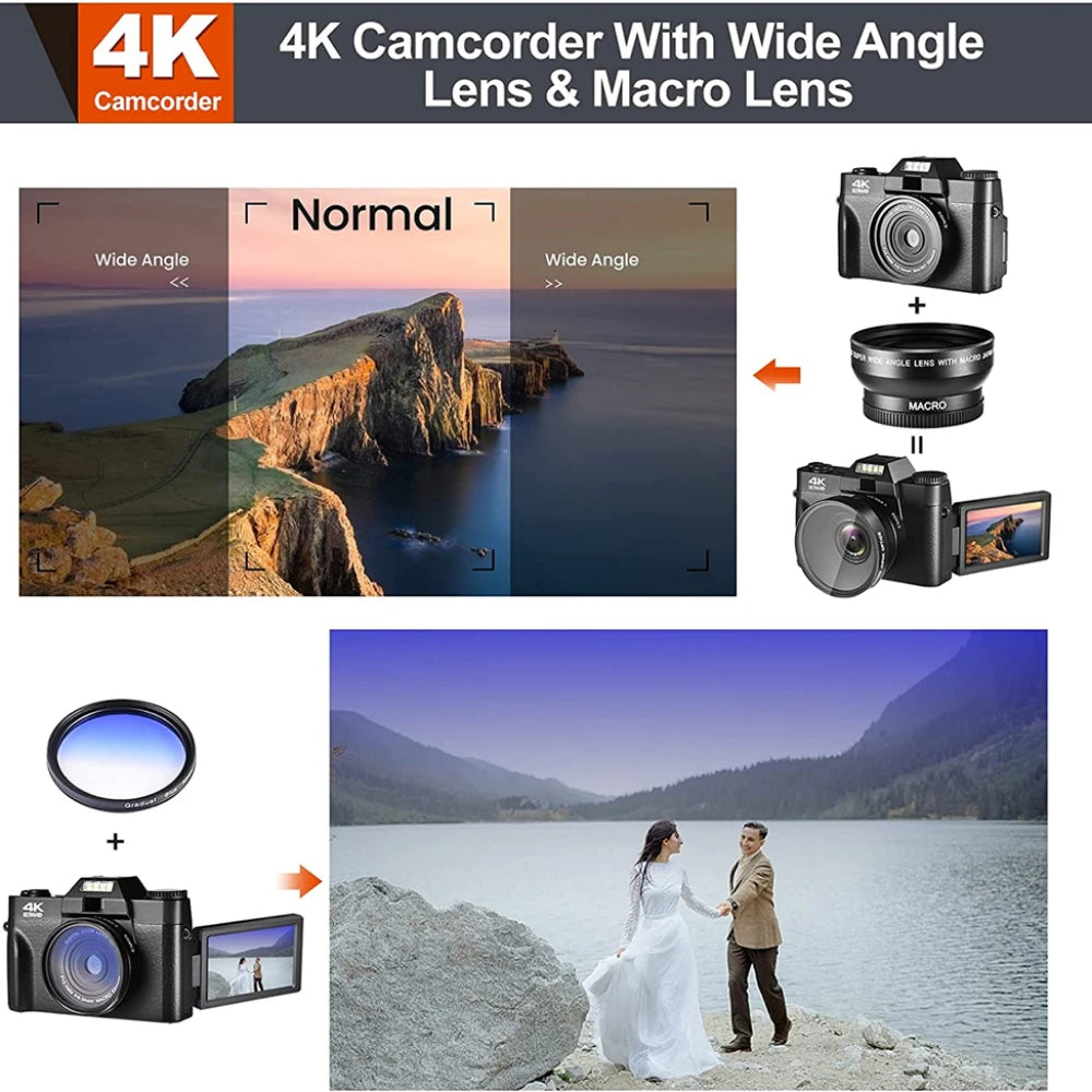 4K Digital Camera 16X Zoom Auto Focus 48MP Youtube Selfie Vlogging Camera 3'' 180° Flip Screen with Flash Photography Camcorder