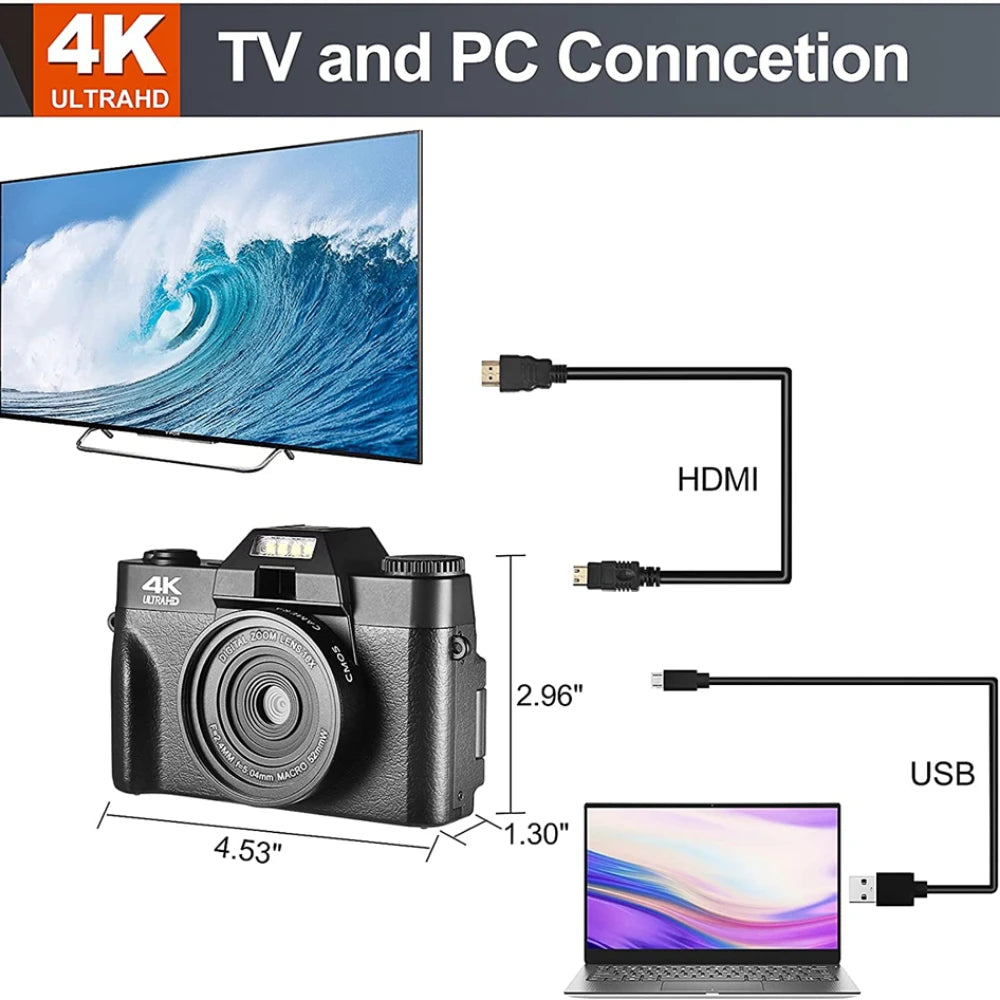 4K Digital Camera 16X Zoom Auto Focus 48MP Youtube Selfie Vlogging Camera 3'' 180° Flip Screen with Flash Photography Camcorder