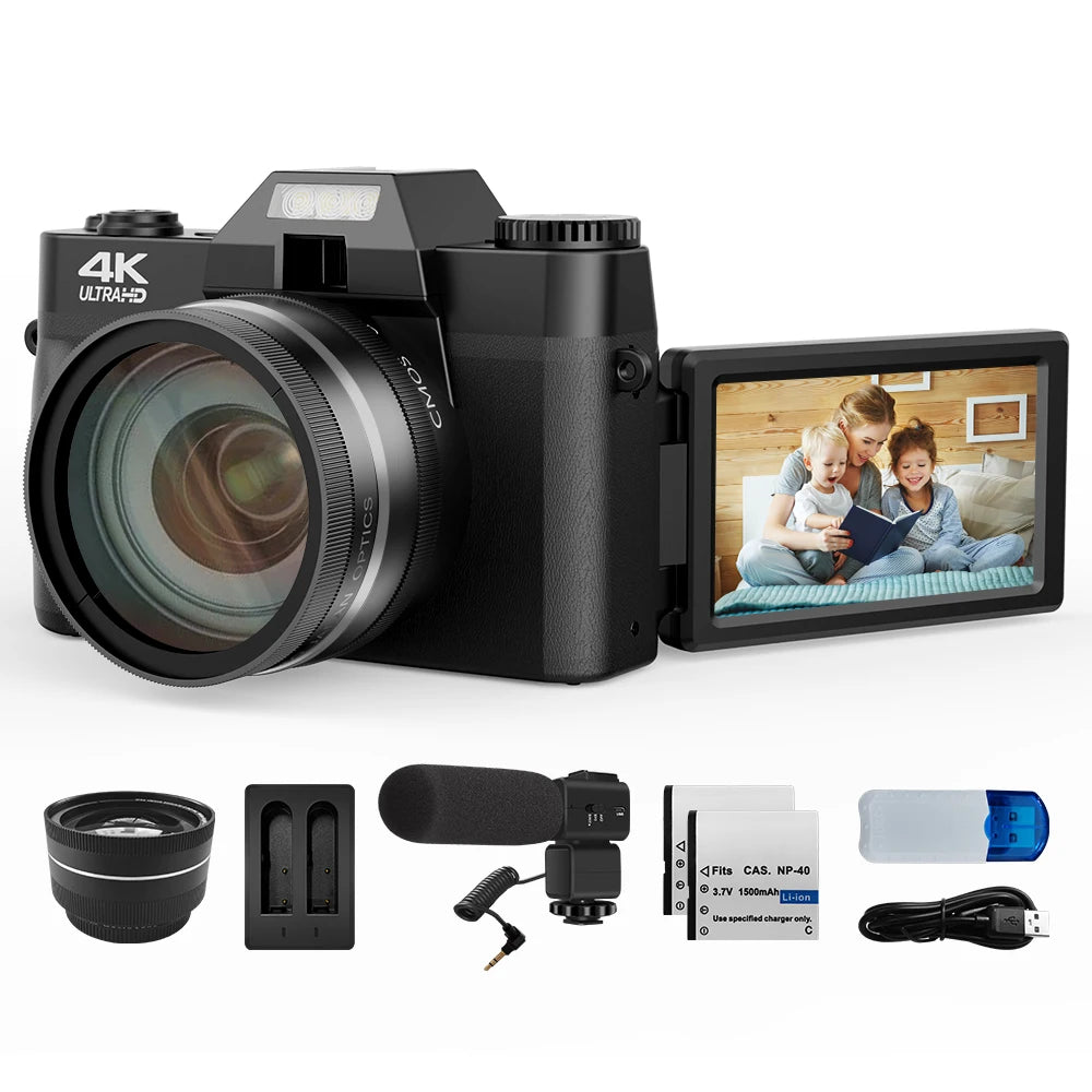 4K Digital Camera 16X Zoom Auto Focus 48MP Youtube Selfie Vlogging Camera 3'' 180° Flip Screen with Flash Photography Camcorder