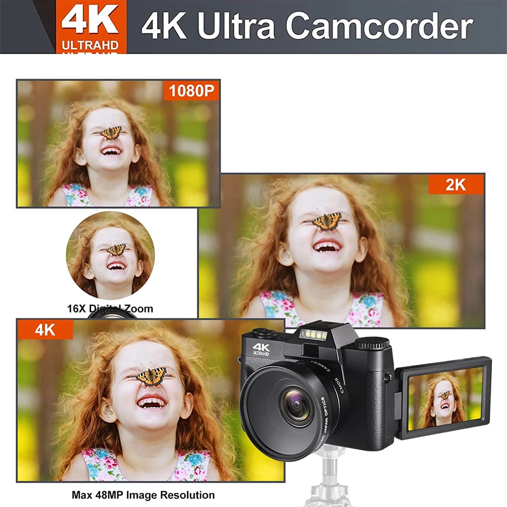 4K Digital Camera 16X Zoom Auto Focus 48MP Youtube Selfie Vlogging Camera 3'' 180° Flip Screen with Flash Photography Camcorder